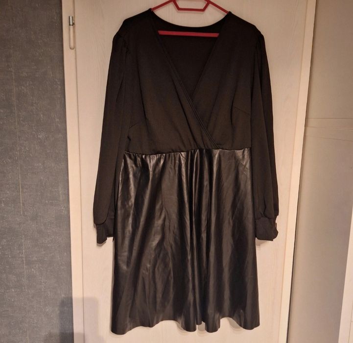 Elegancka sukienka 4XL 48 długi rękaw świąteczna ala skóra