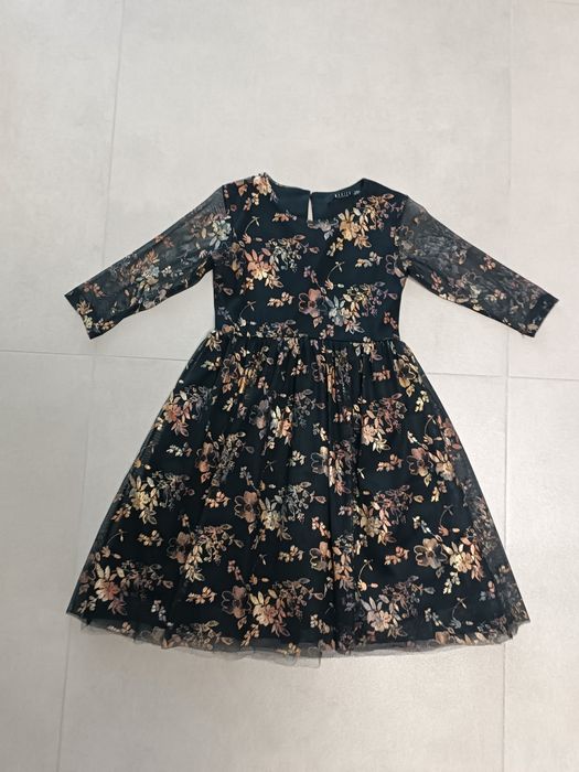 Elegancka sukienka tiulowa Mohito, złote kwiaty, 116/122, jak nowa