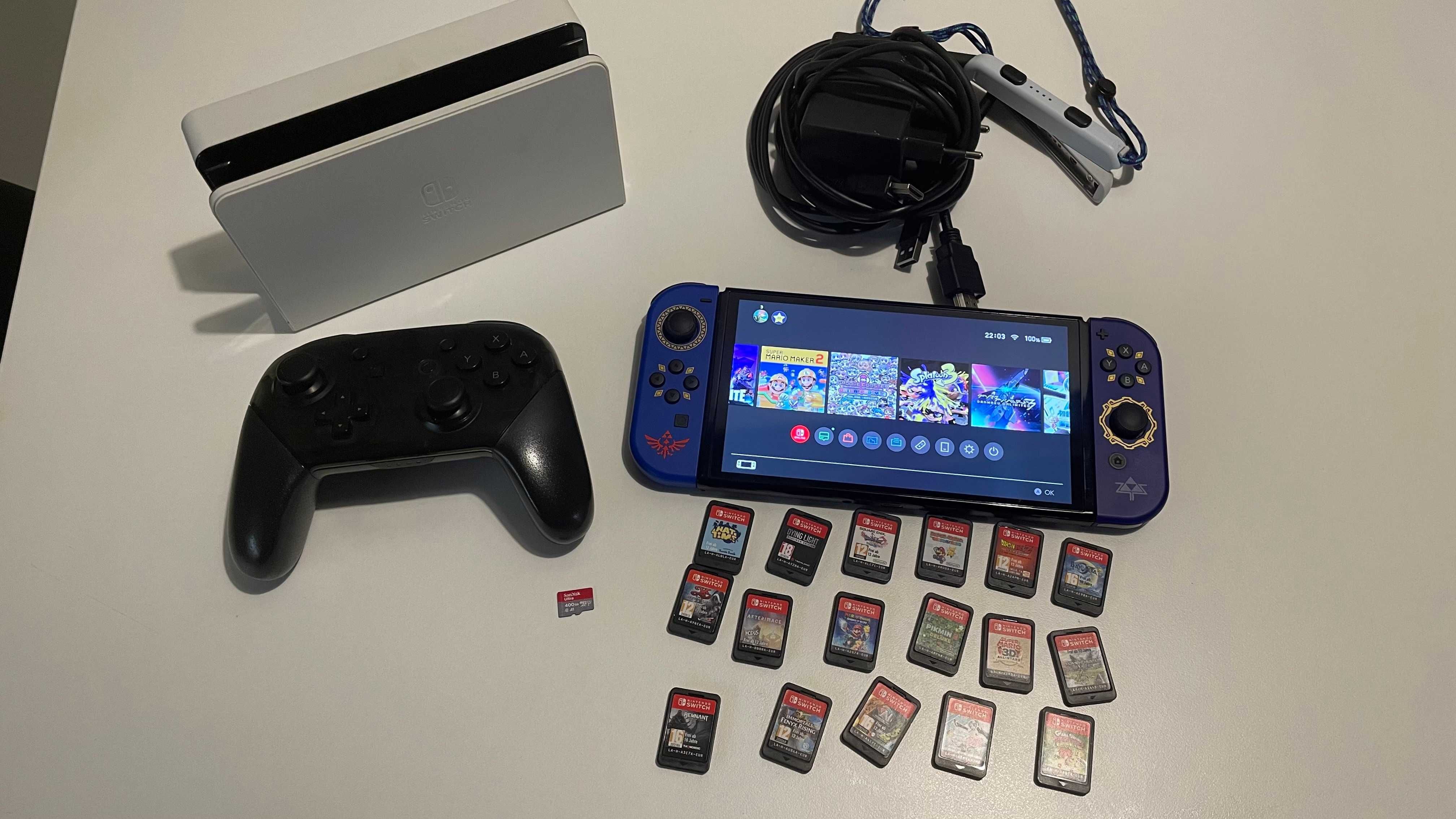 Nintendo Switch Oled + Joycons Zelda + Pro controller + 17 jogos
