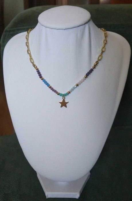 Colar Aço Dourado e Contas de Vidro Facetadas Coloridas NOVO - SALDO