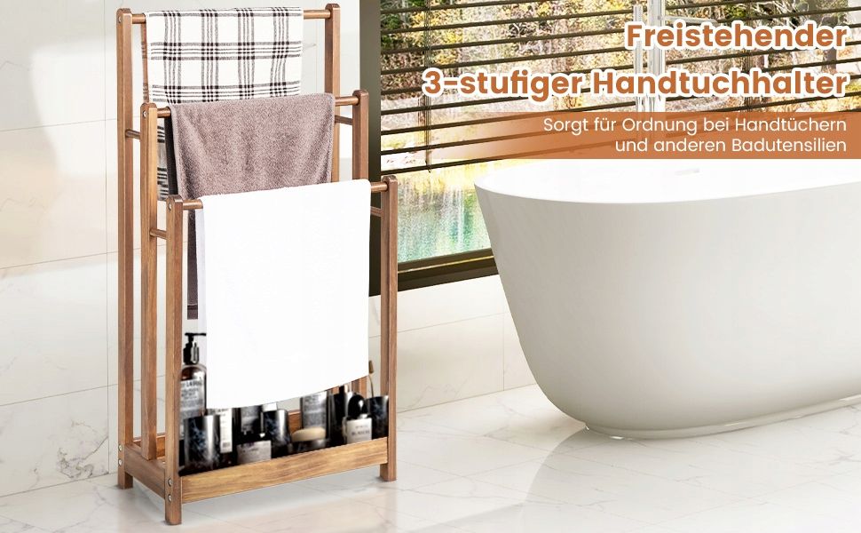 Drewniany wieszak na ręczniki COSTWAY 3-poziomowy z półką