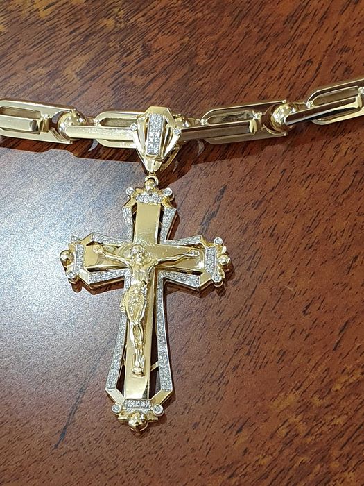 Złoty Łańcuch-128gr+KRZYŻ Z DIAMENTAMI-158 szt. - 0,80 ct.- próba 585.