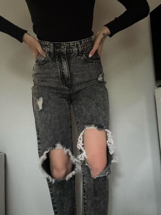 Spodnie z rozdarciami shein czarne szare  szerokie