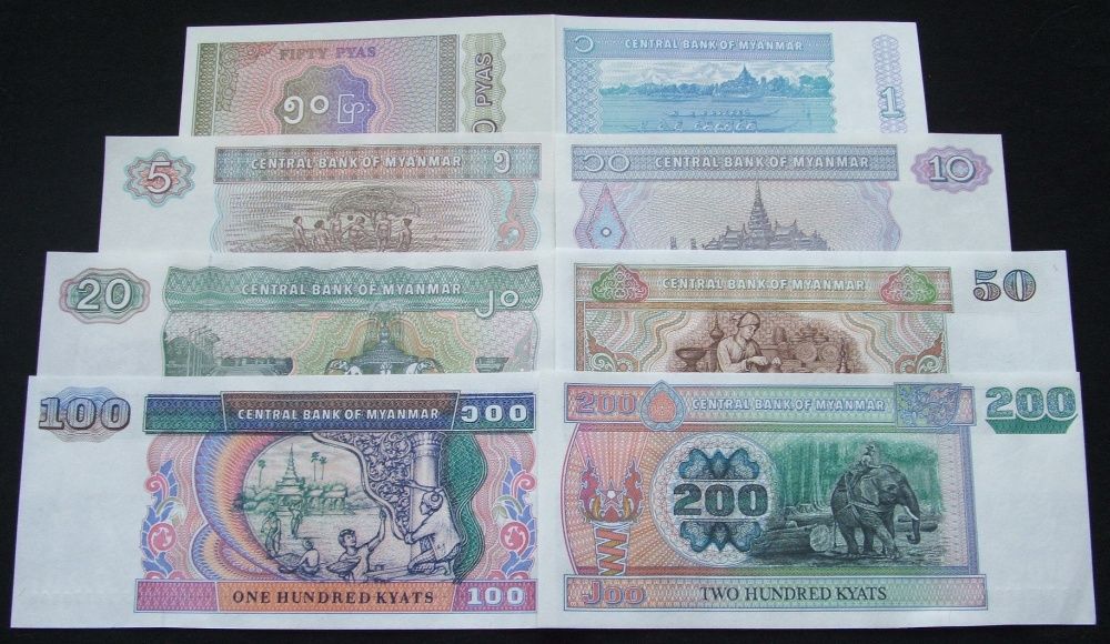 AZJA MYANMAR (3) - 8 szt. Zestaw Banknotów Kolekcjonerskich UNC