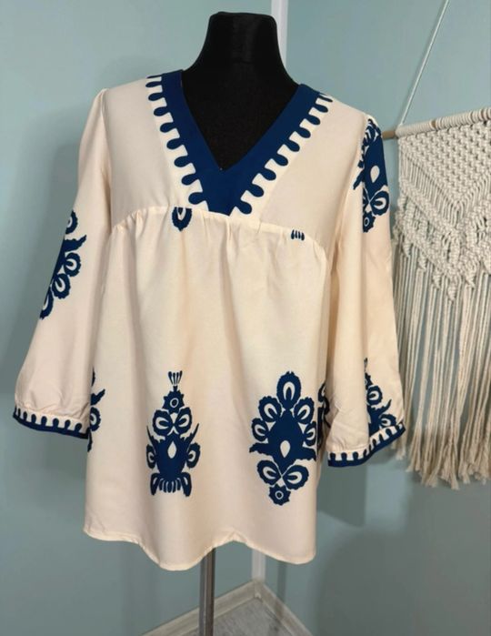 Bluzka w greckie azteckie wzory beżowa kremowa rozm L