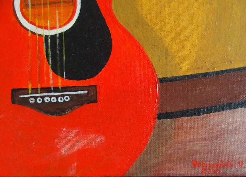 (hiszpanska ?) czerwona GITARA, obraz olejny 30x40 cm, (flamenco?)