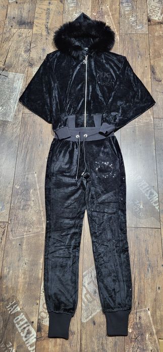 Cudowny czarny dres welurowy futro naturalne lis premium S M