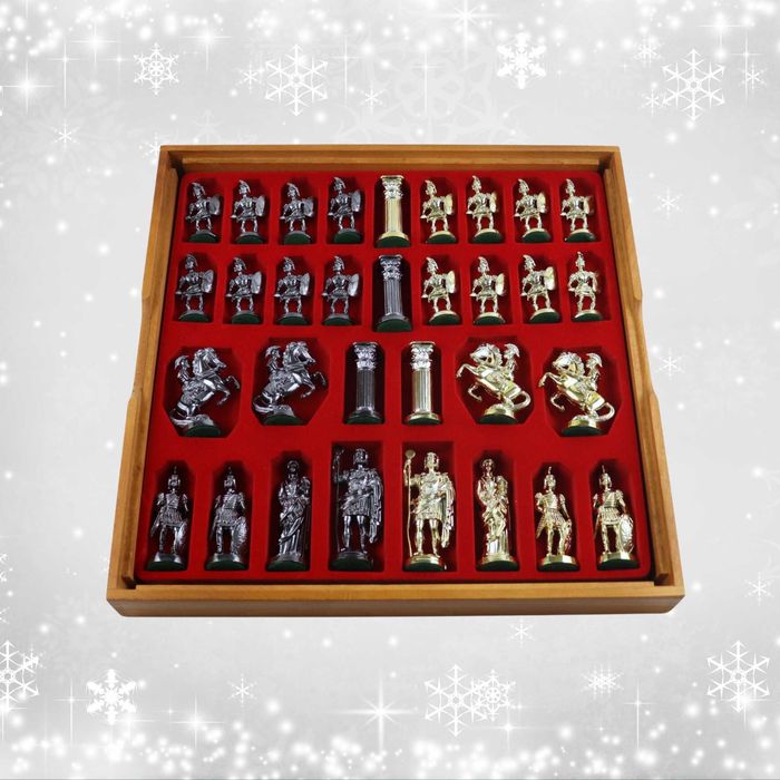 Szachy ekskluzywna gra drewniana kasetka figury rzymskie METALIZOWANE