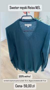 Sweter męski Reiss L 100% wełna ciemno zielony khaki dekolt w serek