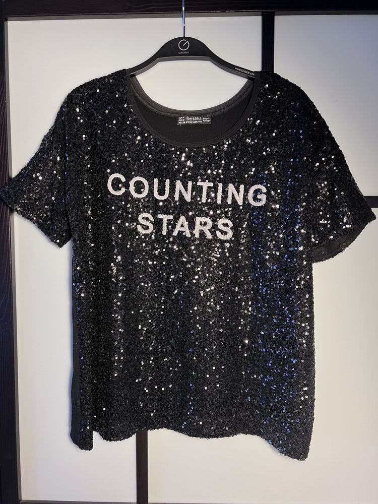 Cekinowa bluzka Bershka M cekiny 38 stars czarna top tshirt