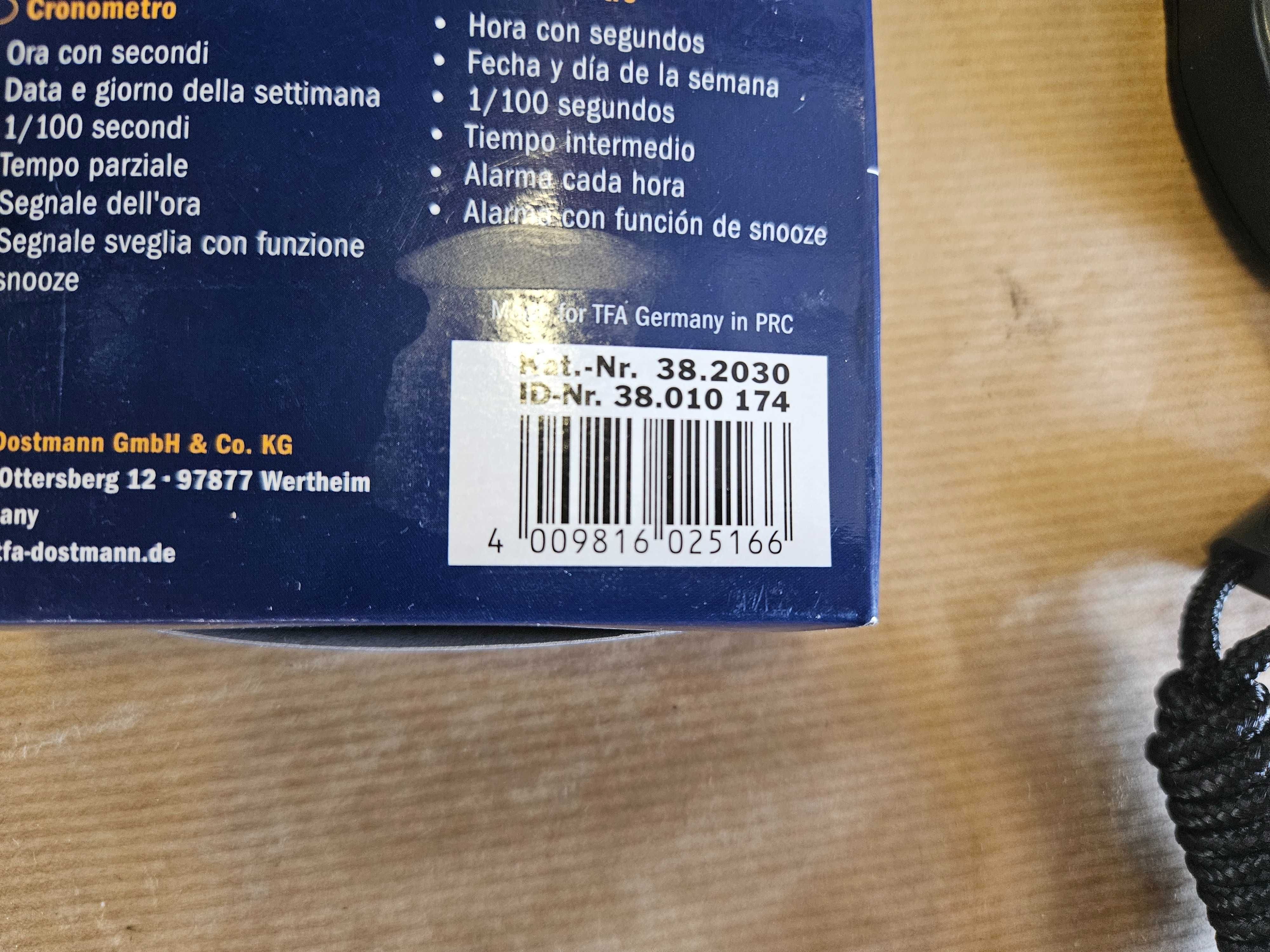 Stoper TFA 38.2030, zegar, alarm z funkcją snooze, 1/100 sekundy
