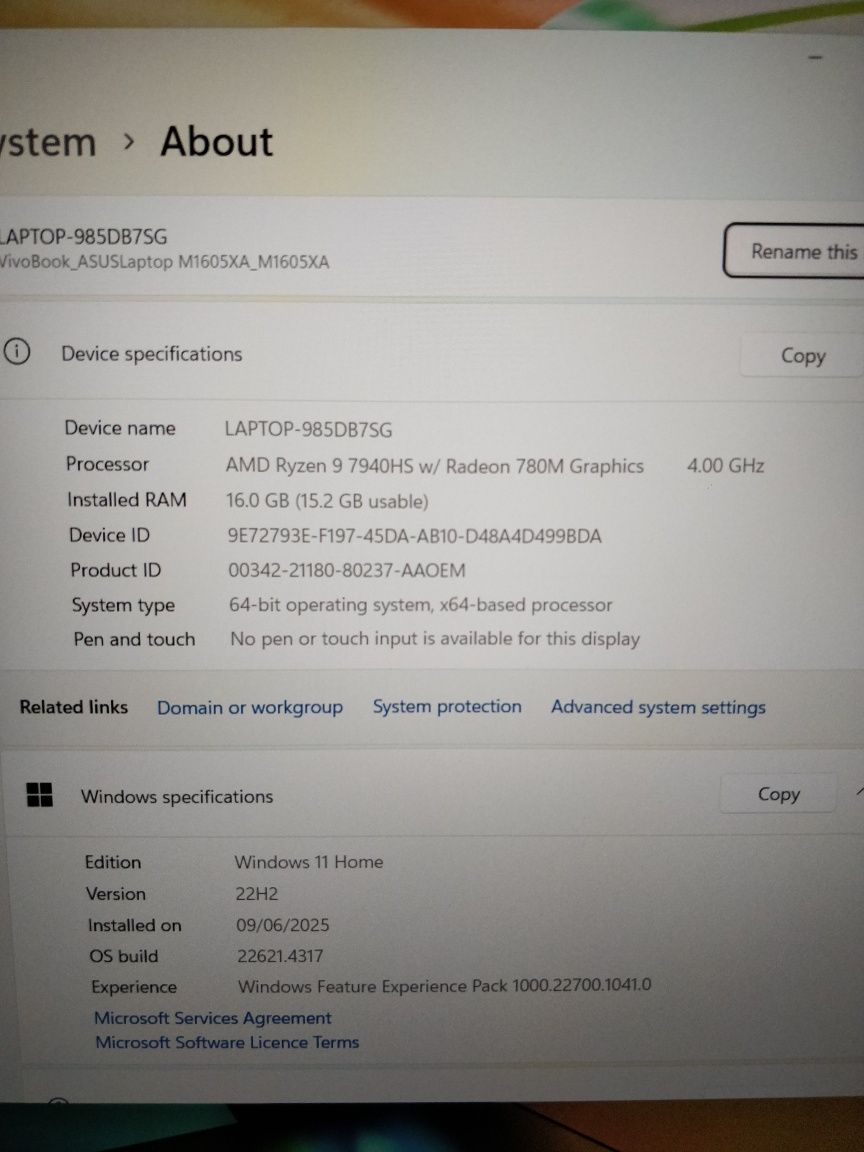 Asus Vivobook 16 , Ryzen 9 7940HS, DDR5, Windows 11