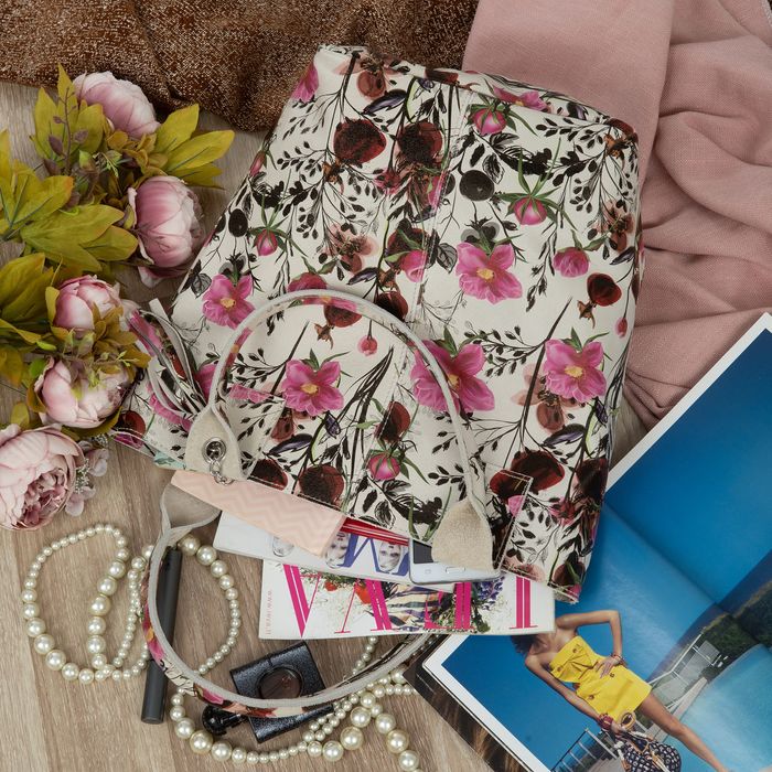 VERA PELLE torebka damska skórzana shopper na ramię V629 z kwiatami