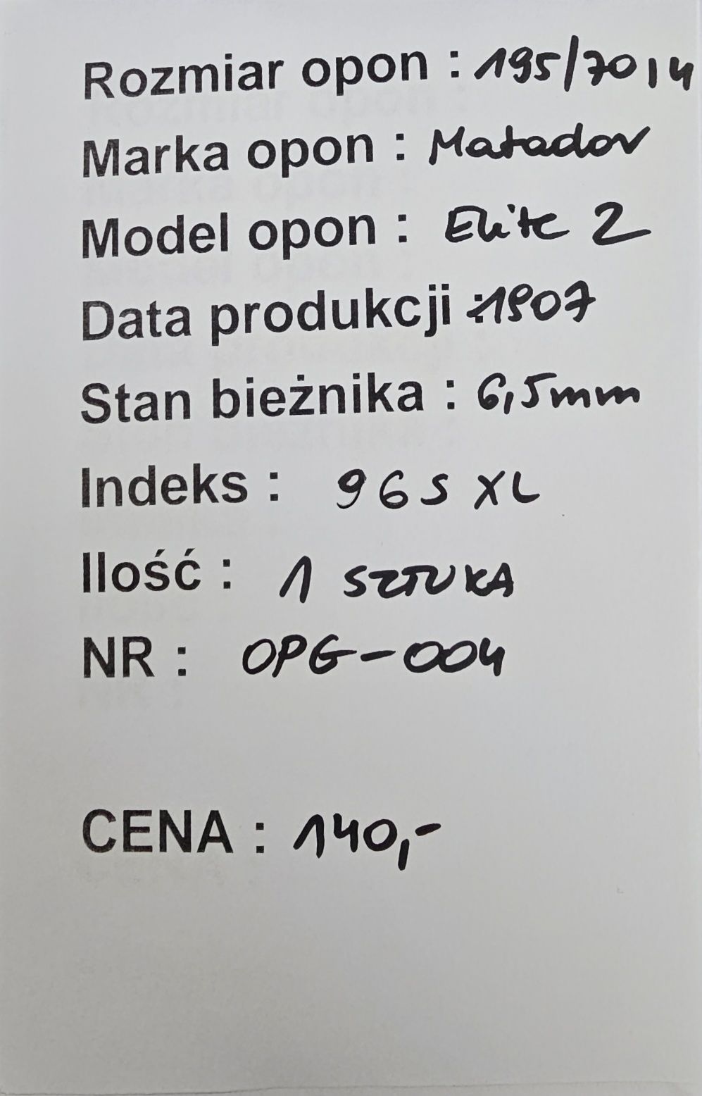 195/70R14 Matador Elite 2 1 Sztuka Lato