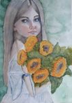 Obraz Akwarela Dziewczynka z bukietem słoneczników 42 x 59,4 cm