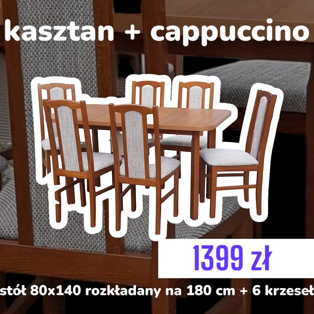 Nowe: Stół rozkładany + 6 krzeseł, orzech + szary, dostawa PL, NOWE