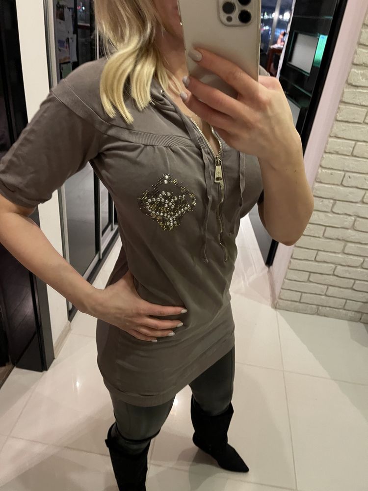 Rossodisera włoska bluza długa kaptur khaki kryształy logo Zara