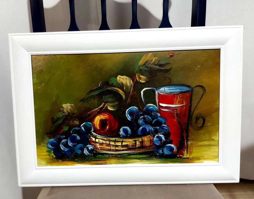 Obraz 54 x 37 olejny owoce winogrono akrylowy biała rama