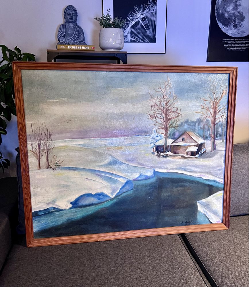 Zima Idziak obraz olej płótnie drewniana rama śnieg krajobraz pejzaż