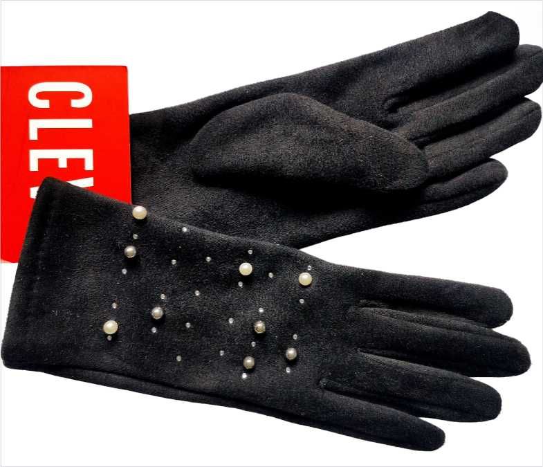 Eleganckie czarne welurowe rękawiczki pięciopalczaste Cleve M koraliki