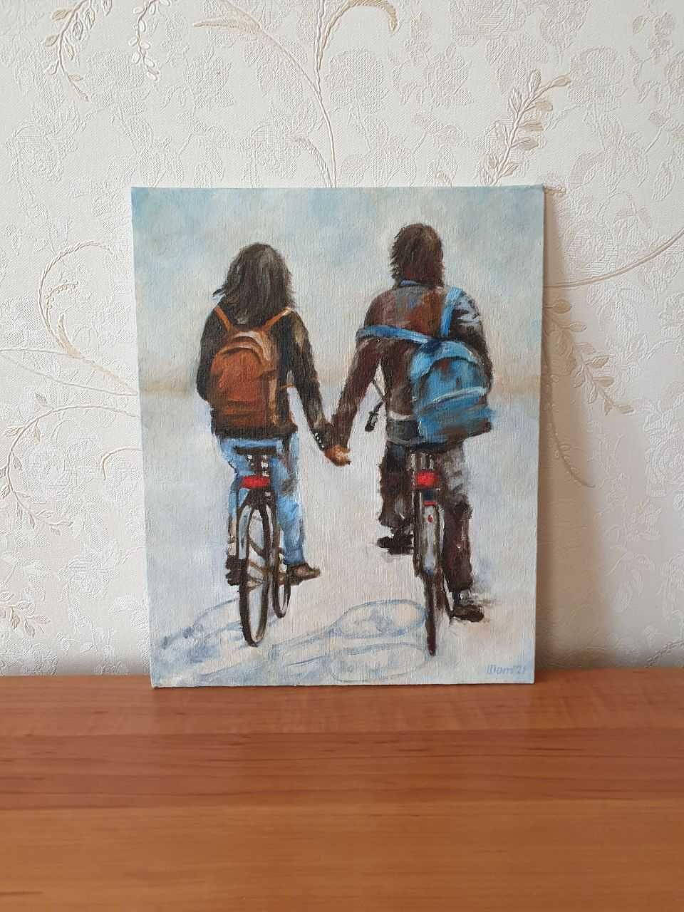 Картина олією - Закохана пара на велосипеді (Картина маслом)