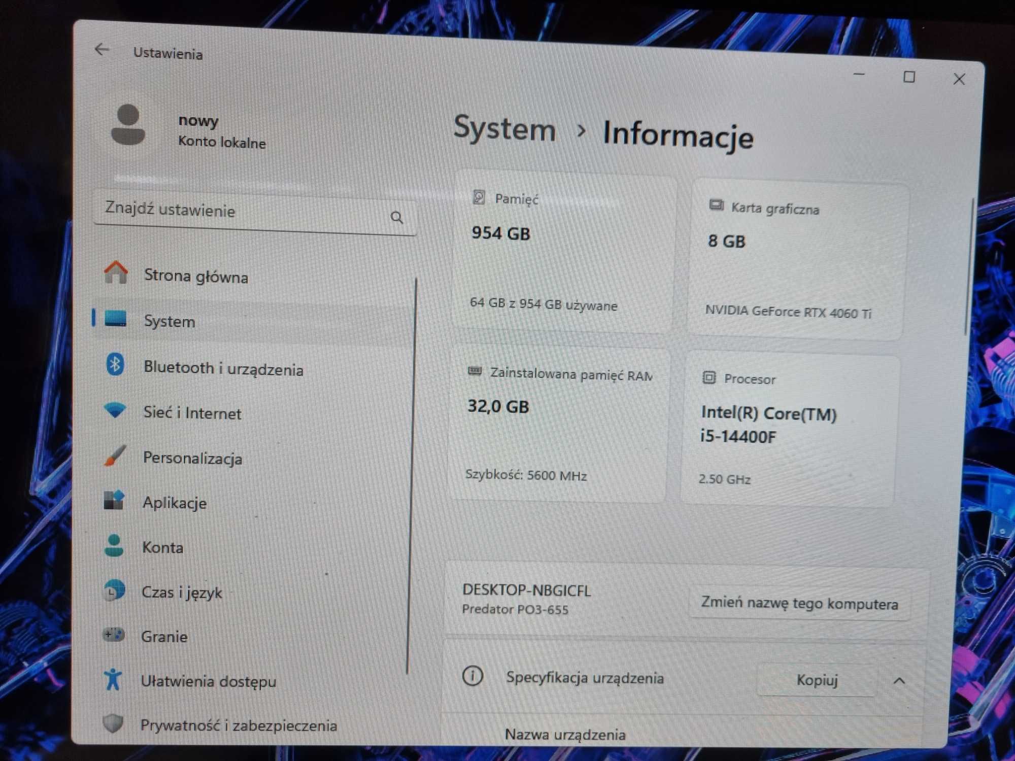 Komputer Stacjonarny Predator Orion 3000 I5-14GEN 32GB 1TB RTX 4060TI