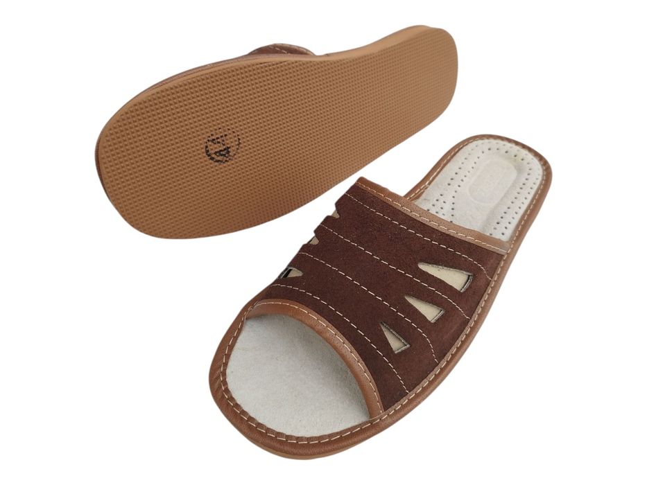 Kapcie męskie skóra naturalna brązowe odkryte palce otwarte