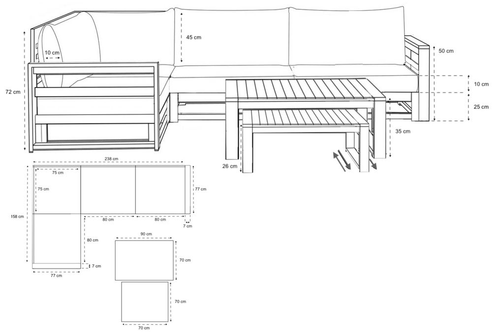 Drewniany zestaw mebli ogrodowych dla 4 osób + 2 ławy