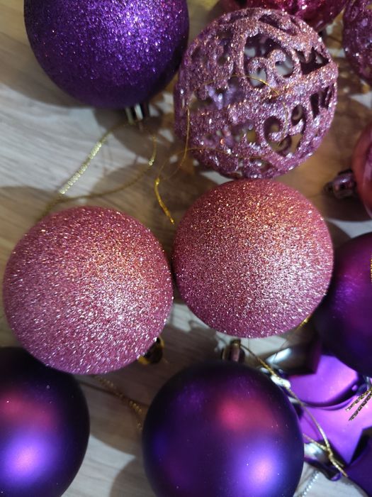 Zestaw bombek choinkowych fioletowe różowe sowa brokatowe