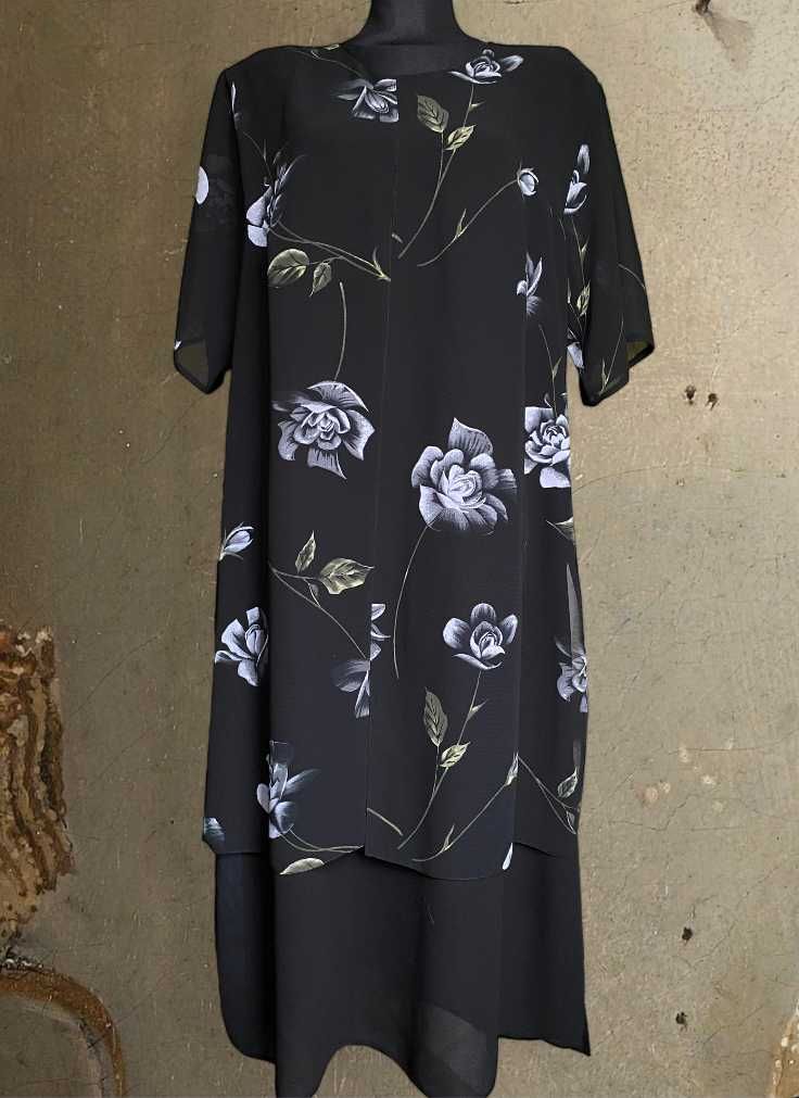 Sukienka maxi, długa, czarna, w kwiaty,  44/XXL 46/XXXL