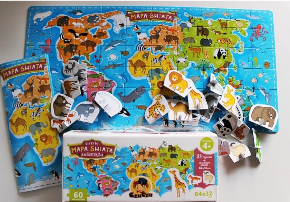 Mapa świata, puzzle układanka - zwierzęta. Wiek  4+