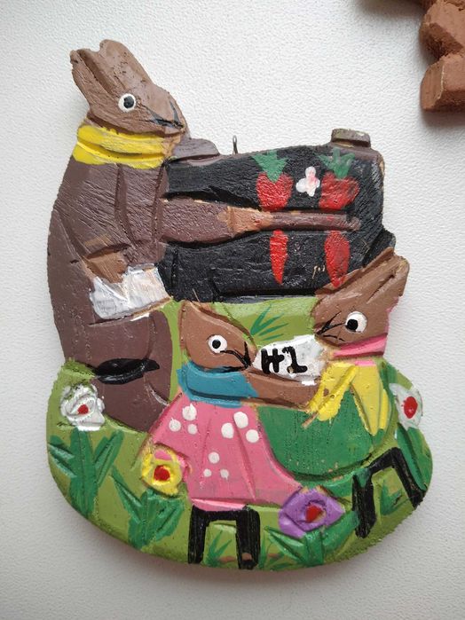 Винтажные елочные деревянные игрушки серии "Весёлые зайцы" Германия.