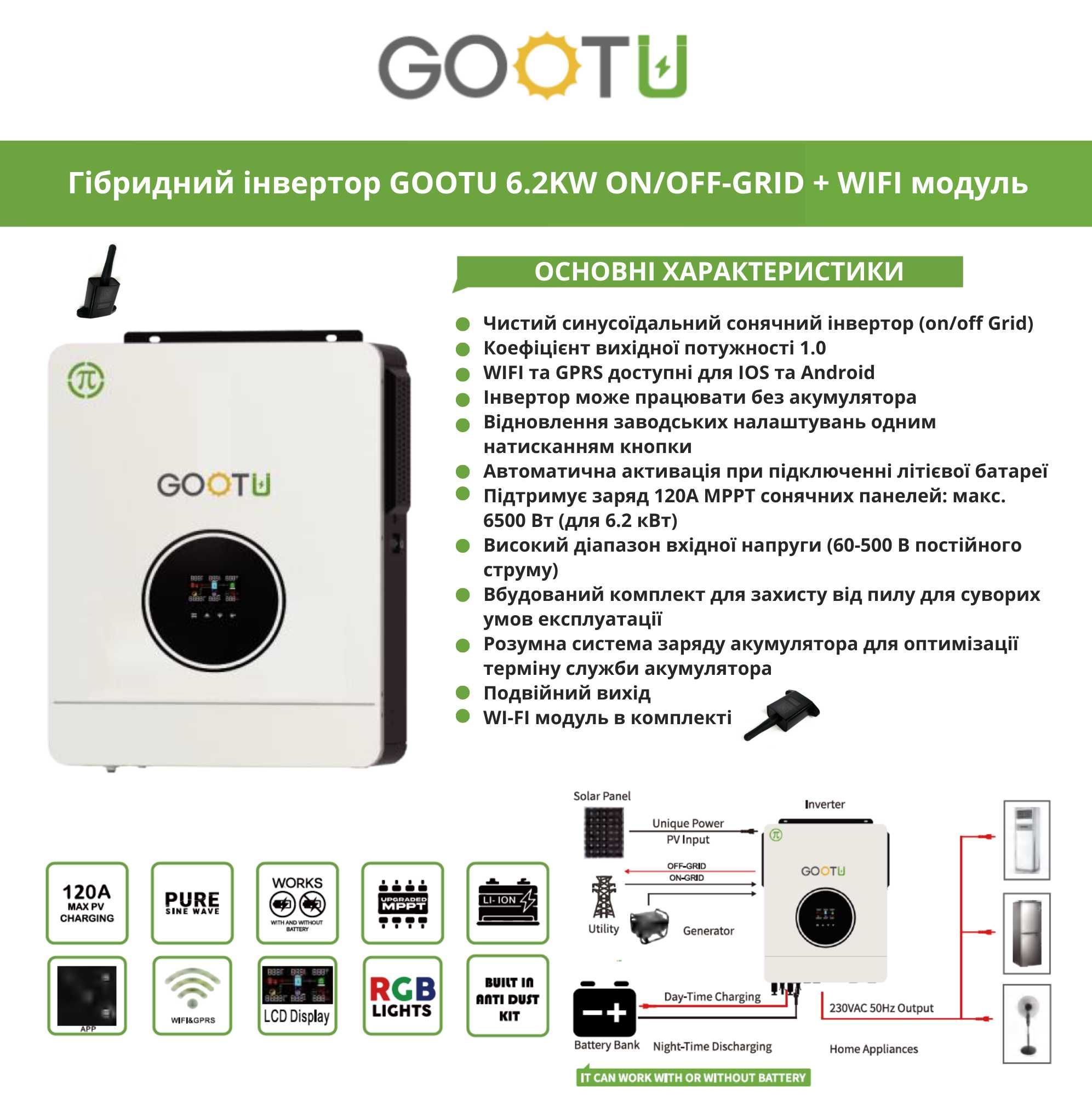 Гібридний сонячний інвертор GOOTU 6.2KW 48V ON/OFF-GRID + WIFI модуль