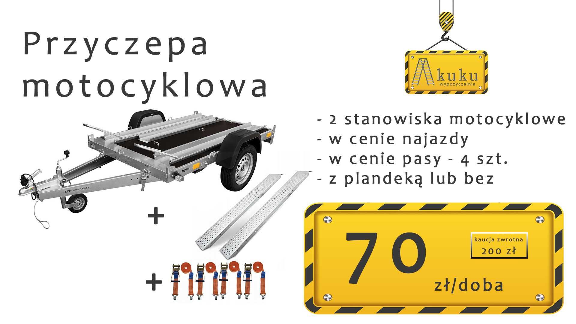 Wypożyczalnia Przyczepa towarowa motocyklowa, pasy w cenie Miedzyń