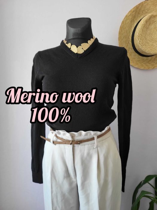 Czarny sweter w serek merino wełniany Zara man S 36 extrafine wool