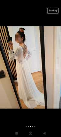 Szyfonowa gładka klasyczna suknia ślubna delikatna M 3 długi rękaw