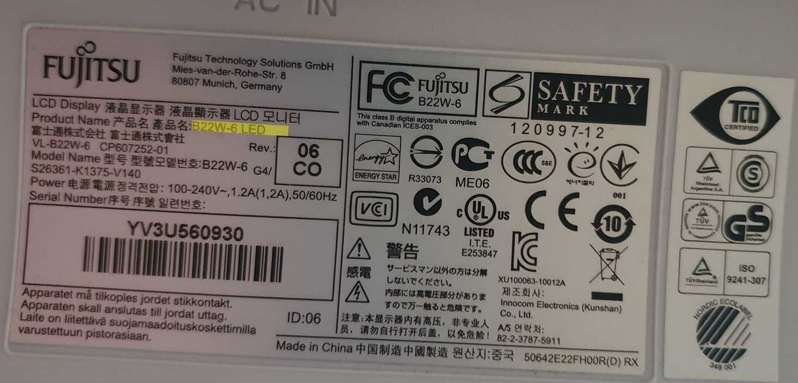 Monitor 22" Fujitsu B22W-6 LED z kablem DisplayPort->mini DisplayPort