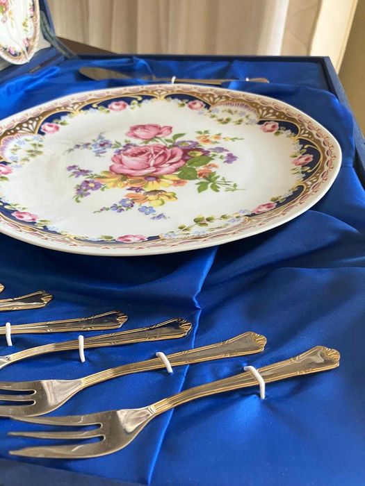 Conjunto porcelana vintage padrão folha de ouro sobremesa c caixa