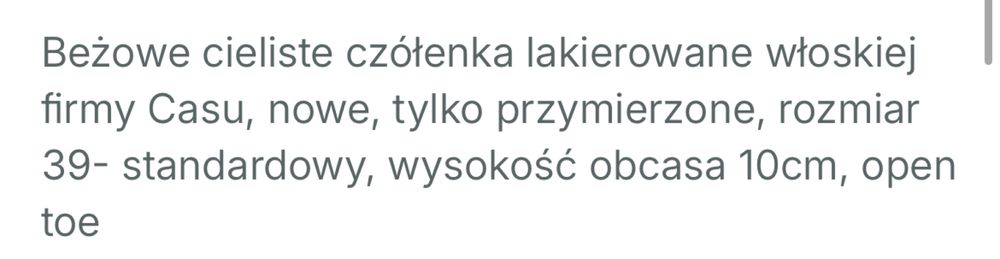 Beżowe cieliste lakierowane czółrnka szpilki open toe Casu rozmiar 39