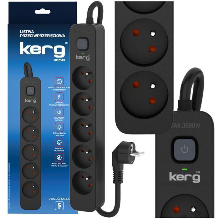 Listwa zasilająca przeciwprzepięciowa wyłącznik 5 gniazd 5m 16A M02518