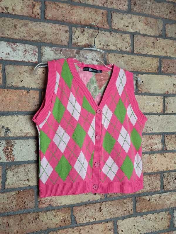 Kamizelka sweterkowa bezrękawnik na guziki różowa w romby modna 38 M