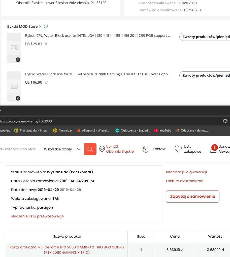 zestaw karta graficzna MSI RTX 2080 Gaming X Trio z blokiem wodnym