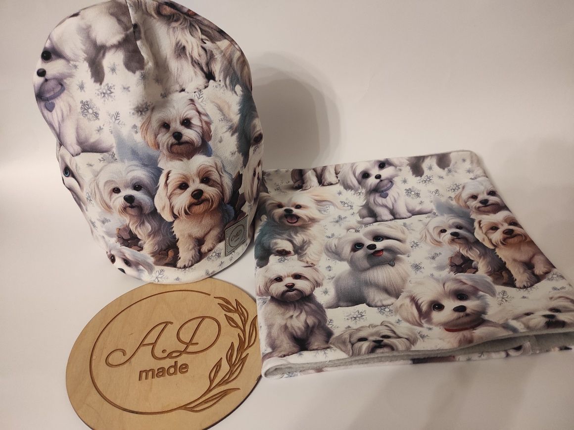 Komplet czapka komin Pieski psiaki Shihtzu bawełniany