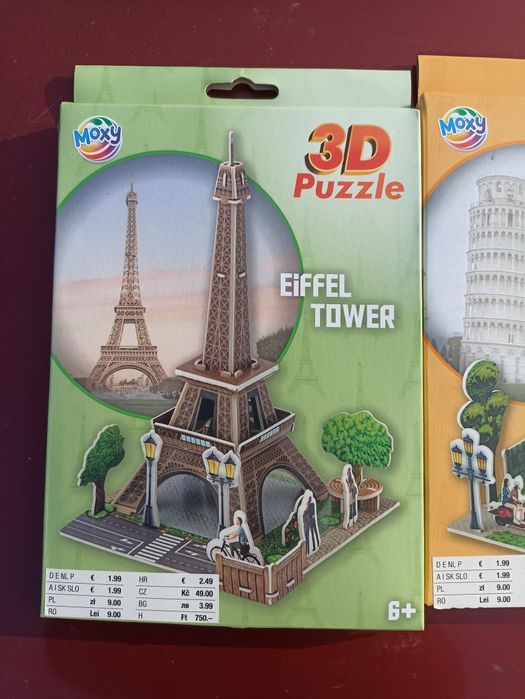 Trzy paczki Puzzli 3D Wieża Eiffla,krzywa wieża i statua wolności