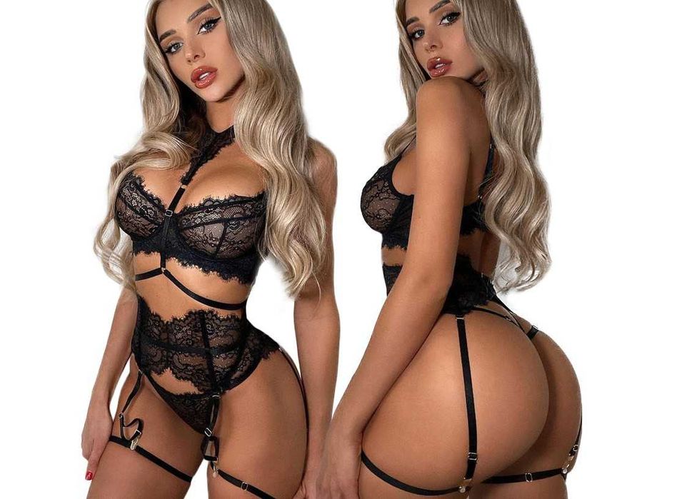 Komplet bielizny damskiej koronkowy czarny 5 elementów