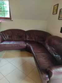 Sofa rogowa fotel ława duża kolor sliwkowy skóra naturalna.