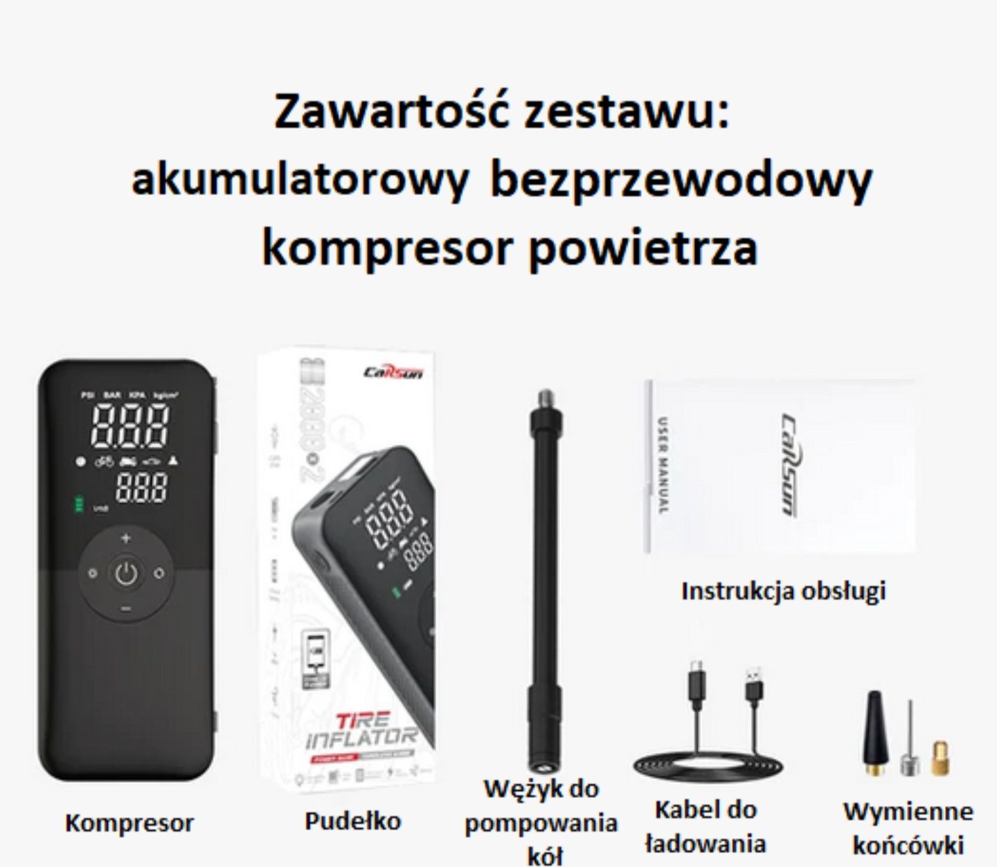Carsun kompresor pompka akumulatorowa przenośna latarka powerbank