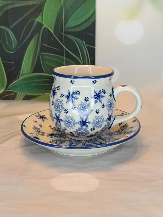 Zestaw ceramiczny Bolesławiec kubek czeski 300 ml talerzyk 16cm.Unikat