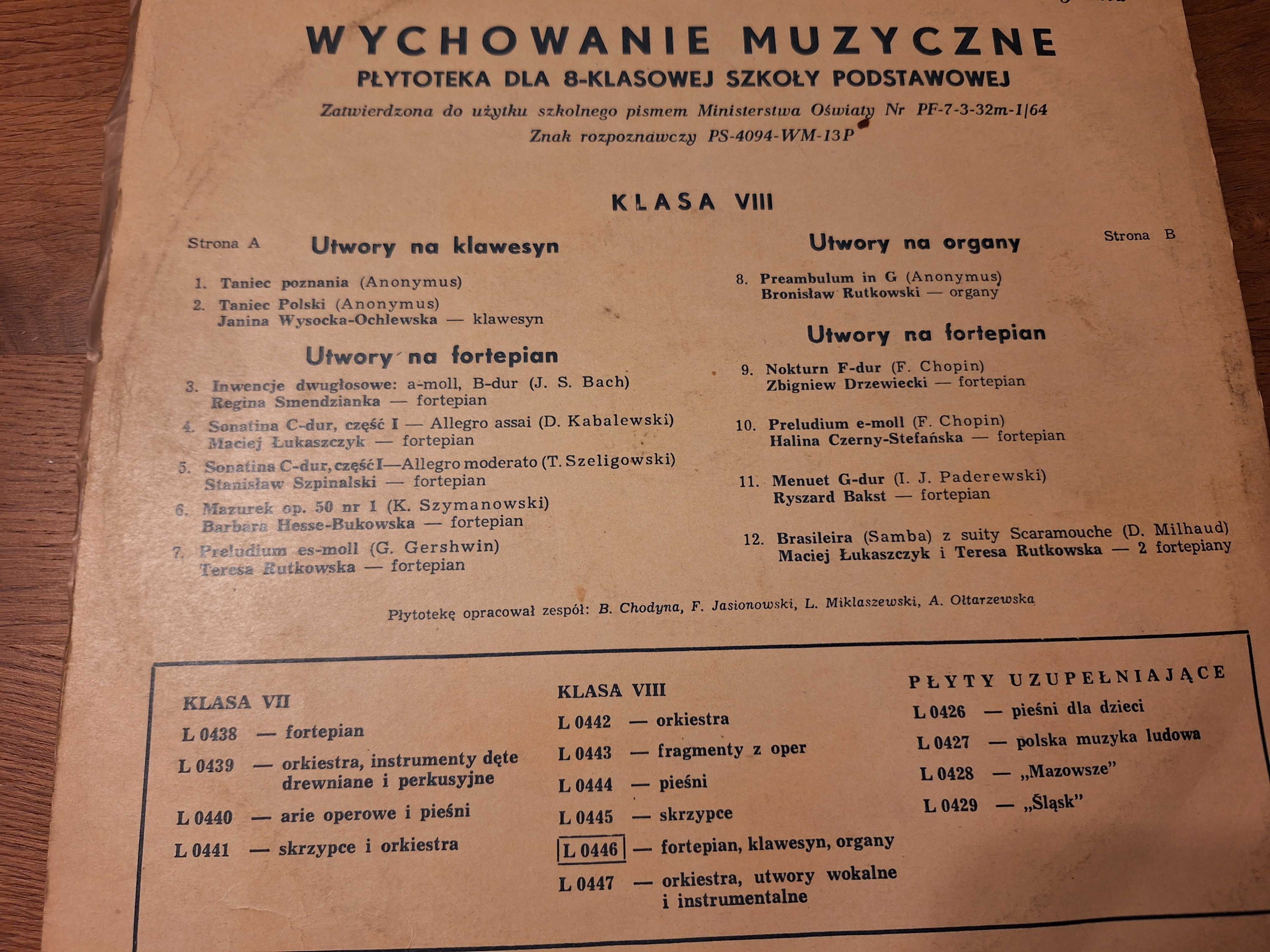 Wychowanie muzyczne dla Szkoły podstawowej. - płyty winylowe 4szt.