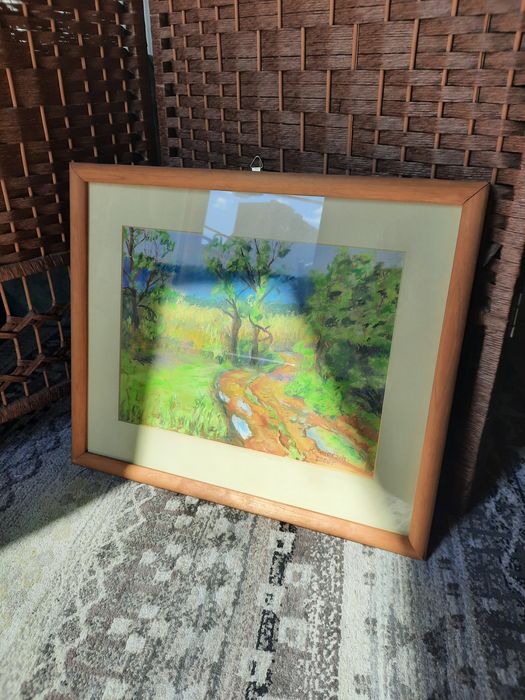 Obraz pastela pejzaż leśna droga las pole łąka w ramie drewnianej vint